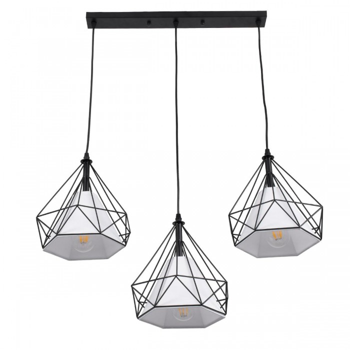 GloboStar® EIFFEL 61569 Vintage Κρεμαστό Φωτιστικό Οροφής Τρίφωτο 3 x E27 Μαύρο Μεταλλικό Πλέγμα με Λευκό Ύφασμα Μ68 x Π25 x Υ130cm