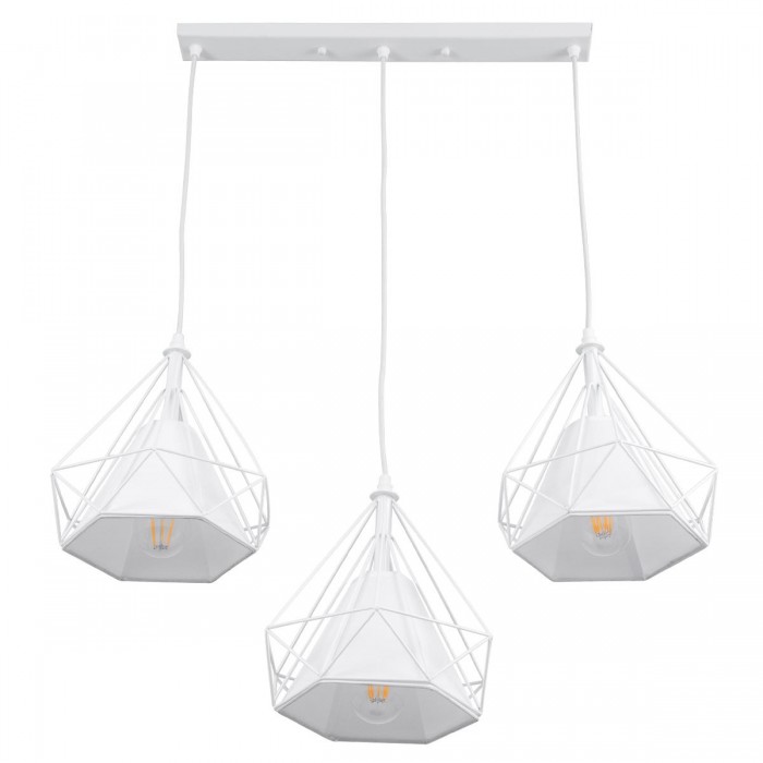 GloboStar® EIFFEL 61570 Vintage Κρεμαστό Φωτιστικό Οροφής Τρίφωτο 3 x E27 Λευκό Μεταλλικό Πλέγμα με Λευκό Ύφασμα Μ68 x Π25 x Υ130cm