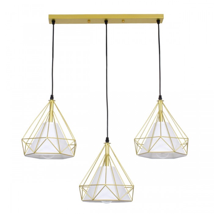 GloboStar® EIFFEL 61571 Vintage Κρεμαστό Φωτιστικό Οροφής Τρίφωτο 3 x E27 Χρυσό Μεταλλικό Πλέγμα με Λευκό Ύφασμα Μ68 x Π25 x Υ130cm