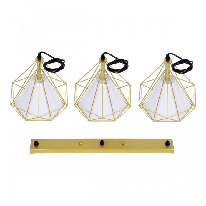 GloboStar® EIFFEL 61571 Vintage Κρεμαστό Φωτιστικό Οροφής Τρίφωτο 3 x E27 Χρυσό Μεταλλικό Πλέγμα με Λευκό Ύφασμα Μ68 x Π25 x Υ130cm