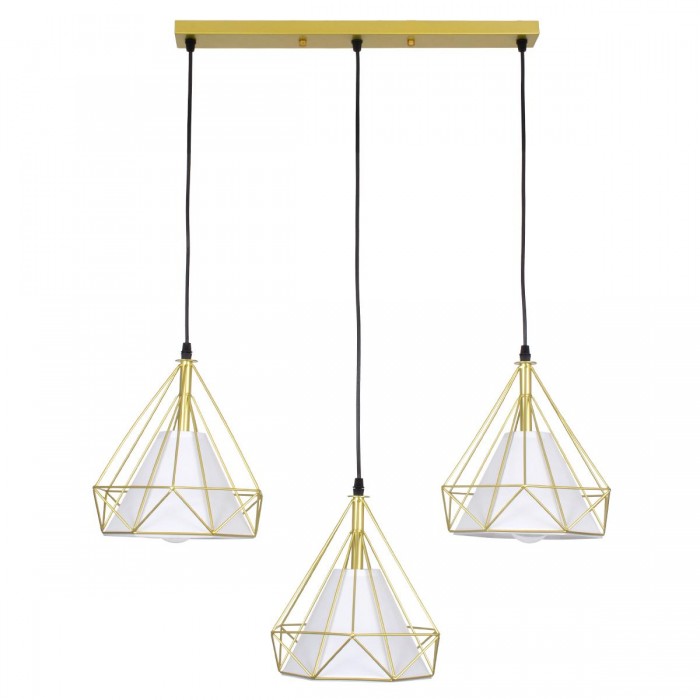 GloboStar® EIFFEL 61571 Vintage Κρεμαστό Φωτιστικό Οροφής Τρίφωτο 3 x E27 Χρυσό Μεταλλικό Πλέγμα με Λευκό Ύφασμα Μ68 x Π25 x Υ130cm