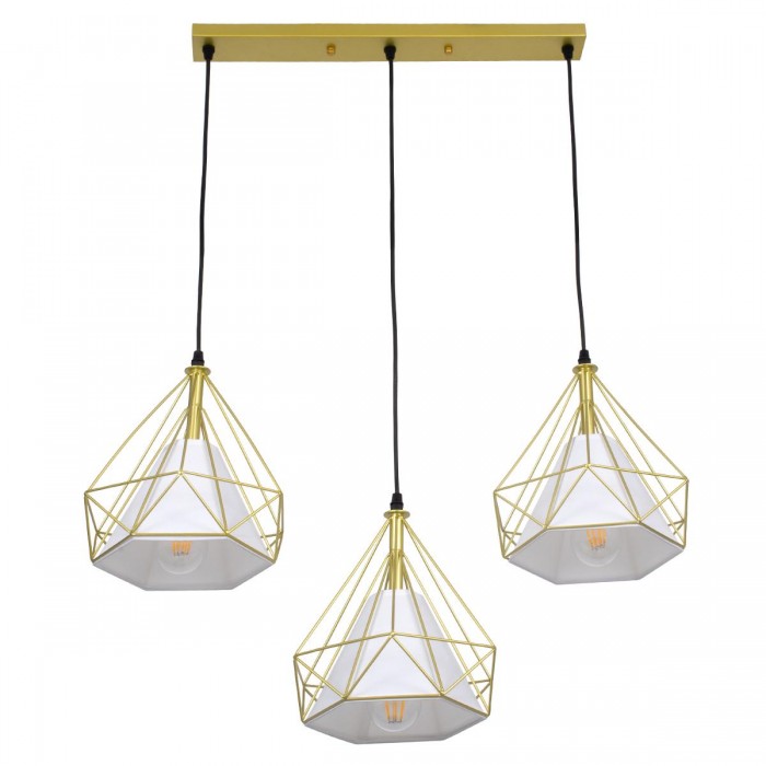 GloboStar® EIFFEL 61571 Vintage Κρεμαστό Φωτιστικό Οροφής Τρίφωτο 3 x E27 Χρυσό Μεταλλικό Πλέγμα με Λευκό Ύφασμα Μ68 x Π25 x Υ130cm