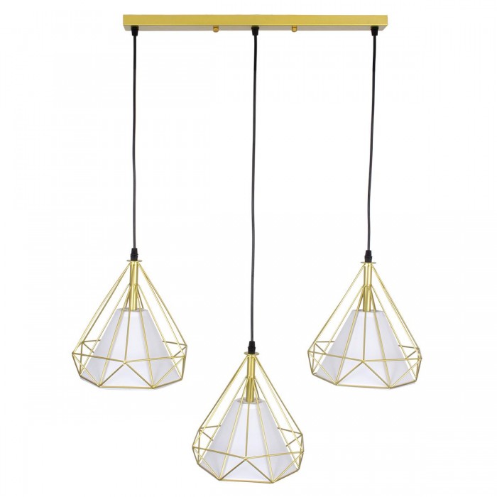 GloboStar® EIFFEL 61571 Vintage Κρεμαστό Φωτιστικό Οροφής Τρίφωτο 3 x E27 Χρυσό Μεταλλικό Πλέγμα με Λευκό Ύφασμα Μ68 x Π25 x Υ130cm