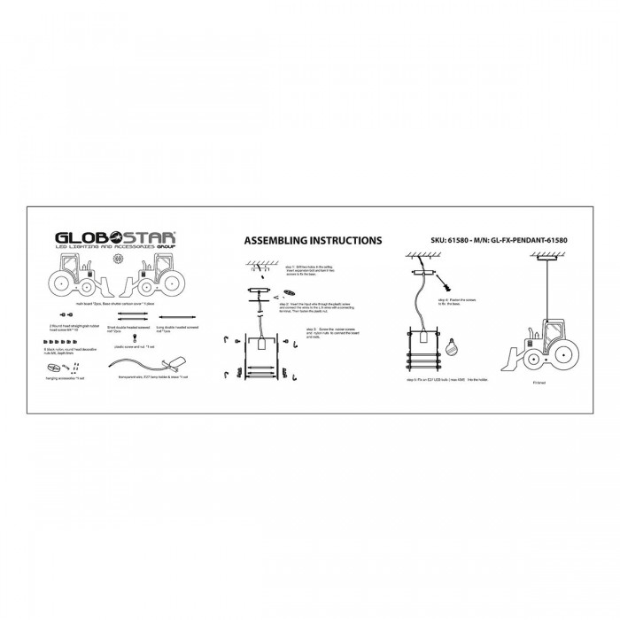 GloboStar® TRACTOR 61580 Παιδικό Κρεμαστό Φωτιστικό Φιγούρα Μονόφωτο 1 x E27 IP20 Μπλε, Μαύρο & Λευκό Πλαστικό - Μ40 x Π15.5 x Υ26.5cm