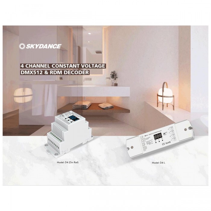 GloboStar® 70668 D4-L SKYDANCE DC DMX & RDM Dimmer High Speed Controller / Decoder 4 Καναλιών DC 12-24V 4 x 5A 120W - Max 20.5A 480W - IP20 Μ17 x Π5 x Υ2.5cm - 5 Years Warranty GloboStar® 70668 D4-L SKYDANCE DC DMX & RDM Dimmer High Speed Controller / Decoder 4 Καναλιών DC 12-24V 4 x 5A 120W - Max 20.5A 480W - IP20 Μ17 x Π5 x Υ2.5cm - 5 Years Warranty