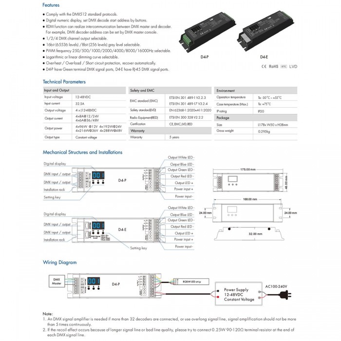 GloboStar® 70669 D4-P SKYDANCE DC DMX & RDM Dimmer High Speed Controller / Decoder 4 Καναλιών DC 12-48V 4 x 8A 384W - Max 32.5A 1152W - IP20 Μ17.5 x Π4.5 x Υ2.8cm - 5 Years Warranty GloboStar® 70669 D4-P SKYDANCE DC DMX & RDM Dimmer High Speed Controller / Decoder 4 Καναλιών DC 12-48V 4 x 8A 384W - Max 32.5A 1152W - IP20 Μ17.5 x Π4.5 x Υ2.8cm - 5 Years Warranty