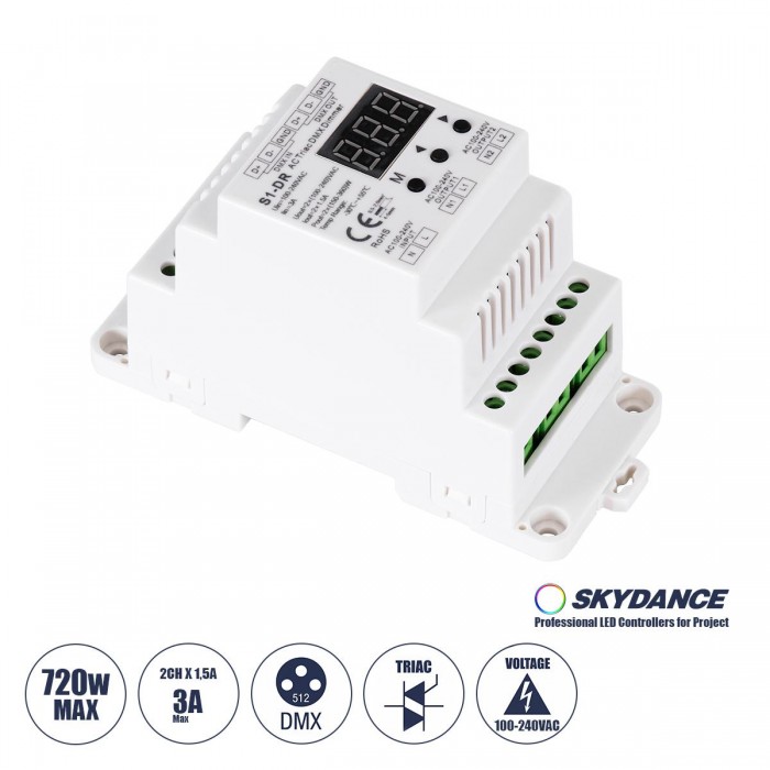 GloboStar® 70670 S1-DR SKYDANCE AC Triac DMX Dimmer Din Rail Ράγας 2 Καναλιών AC 100-240V 2 x 1.5A 360W - Max 3A 720W - IP20 DMX512 Μ11.5 x Π5 x Υ6.5cm - 5 Years Warranty GloboStar® 70670 S1-DR SKYDANCE AC Triac DMX Dimmer Din Rail Ράγας 2 Καναλιών AC 100-240V 2 x 1.5A 360W - Max 3A 720W - IP20 DMX512 Μ11.5 x Π5 x Υ6.5cm - 5 Years Warranty