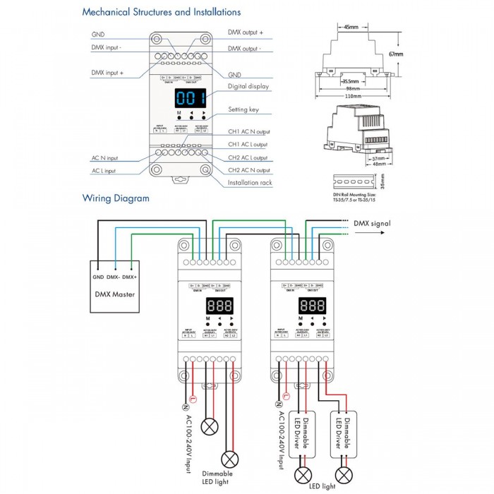 GloboStar® 70670 S1-DR SKYDANCE AC Triac DMX Dimmer Din Rail Ράγας 2 Καναλιών AC 100-240V 2 x 1.5A 360W - Max 3A 720W - IP20 DMX512 Μ11.5 x Π5 x Υ6.5cm - 5 Years Warranty GloboStar® 70670 S1-DR SKYDANCE AC Triac DMX Dimmer Din Rail Ράγας 2 Καναλιών AC 100-240V 2 x 1.5A 360W - Max 3A 720W - IP20 DMX512 Μ11.5 x Π5 x Υ6.5cm - 5 Years Warranty