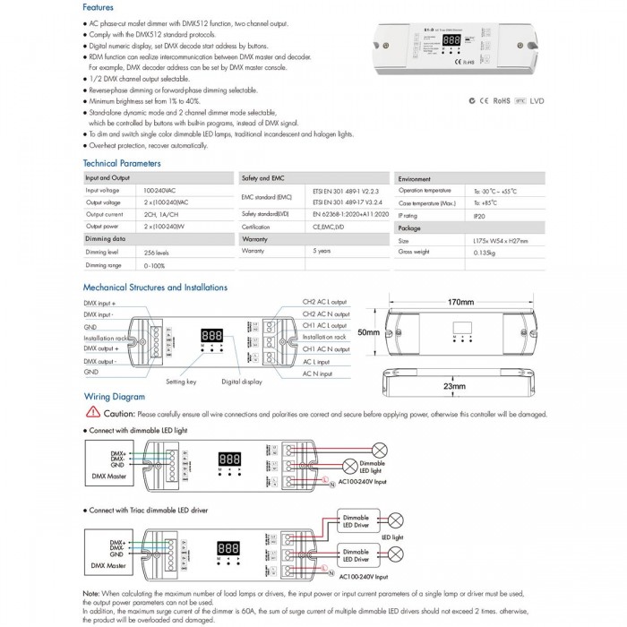 GloboStar® 70671 S1-D SKYDANCE AC Triac DMX Dimmer 2 Καναλιών AC 100-240V 2 x 1A 240W - Max 2A 480W - IP20 Μ16.7 x Π5 x Υ2.4cm - 5 Years Warranty GloboStar® 70671 S1-D SKYDANCE AC Triac DMX Dimmer 2 Καναλιών AC 100-240V 2 x 1A 240W - Max 2A 480W - IP20 Μ16.7 x Π5 x Υ2.4cm - 5 Years Warranty