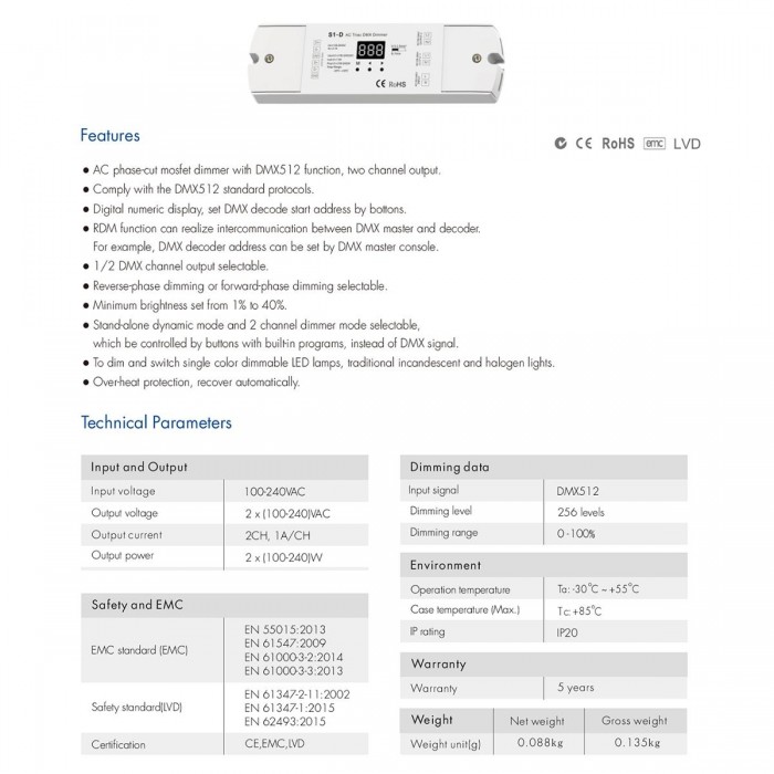 GloboStar® 70671 S1-D SKYDANCE AC Triac DMX Dimmer 2 Καναλιών AC 100-240V 2 x 1A 240W - Max 2A 480W - IP20 Μ16.7 x Π5 x Υ2.4cm - 5 Years Warranty GloboStar® 70671 S1-D SKYDANCE AC Triac DMX Dimmer 2 Καναλιών AC 100-240V 2 x 1A 240W - Max 2A 480W - IP20 Μ16.7 x Π5 x Υ2.4cm - 5 Years Warranty