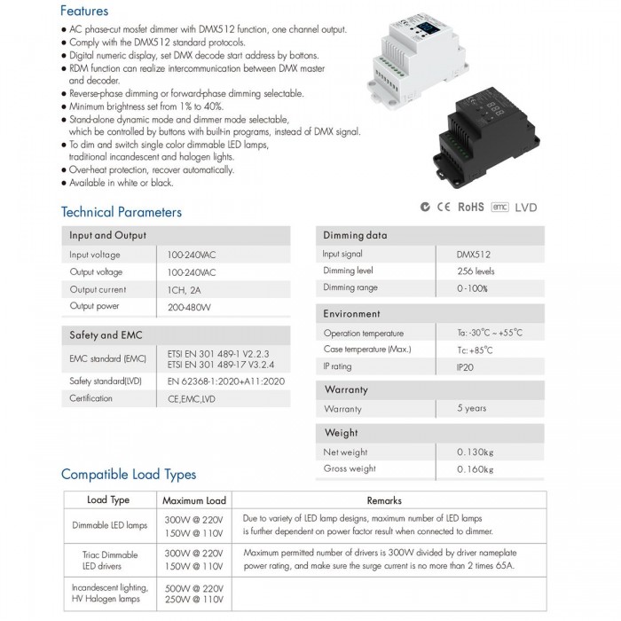 GloboStar® 70672 S1-D1 SKYDANCE AC Triac DMX Dimmer Din Rail Ράγας 1 Καναλιού AC 100-240V 1 x 2A 480W - Max 2A 480W - IP20 DMX512 Μ11.5 x Π5 x Υ6.5cm - 5 Years Warranty GloboStar® 70672 S1-D1 SKYDANCE AC Triac DMX Dimmer Din Rail Ράγας 1 Καναλιού AC 100-240V 1 x 2A 480W - Max 2A 480W - IP20 DMX512 Μ11.5 x Π5 x Υ6.5cm - 5 Years Warranty