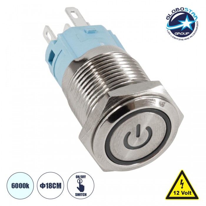 GloboStar® 70780 LED Φωτιζόμενος Διακόπτης Χωνευτός - Μπουτόν On/Off Ανοξείδωτος DC 12V με Angel Eye Αδιάβροχο Φ18mm IP67 Ψυχρό Λευκό 6000K