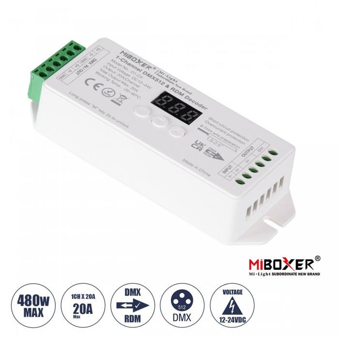 GloboStar® 71424 D1-CX Mi-BOXER DC DMX & RDM Dimmer High Speed Controller / Decoder 1 Καναλιού DC 12-24V 1 x 20A 480W - Max 20A 480W - IP20 Μ13 x Π5 x Υ2.5cm - 5 Years Warranty GloboStar® 71424 D1-CX Mi-BOXER DC DMX & RDM Dimmer High Speed Controller / Decoder 1 Καναλιού DC 12-24V 1 x 20A 480W - Max 20A 480W - IP20 Μ13 x Π5 x Υ2.5cm - 5 Years Warranty