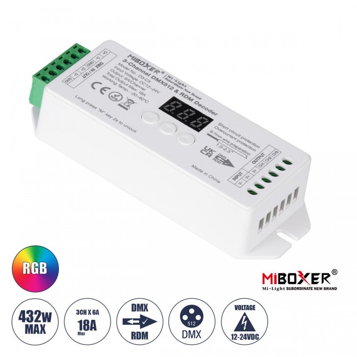 GloboStar® 71425 D3-CX Mi-BOXER DC DMX & RDM Dimmer High Speed Controller / Decoder 3 Καναλιών DC 12-24V 3 x 6A 144W - Max 18A 432W - IP20 Μ13 x Π5 x Υ2.5cm - 5 Years Warranty GloboStar® 71425 D3-CX Mi-BOXER DC DMX & RDM Dimmer High Speed Controller / Decoder 3 Καναλιών DC 12-24V 3 x 6A 144W - Max 18A 432W - IP20 Μ13 x Π5 x Υ2.5cm - 5 Years Warranty