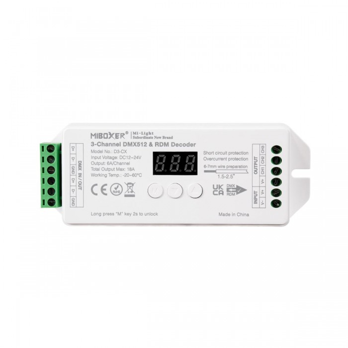 GloboStar® 71425 D3-CX Mi-BOXER DC DMX & RDM Dimmer High Speed Controller / Decoder 3 Καναλιών DC 12-24V 3 x 6A 144W - Max 18A 432W - IP20 Μ13 x Π5 x Υ2.5cm - 5 Years Warranty GloboStar® 71425 D3-CX Mi-BOXER DC DMX & RDM Dimmer High Speed Controller / Decoder 3 Καναλιών DC 12-24V 3 x 6A 144W - Max 18A 432W - IP20 Μ13 x Π5 x Υ2.5cm - 5 Years Warranty