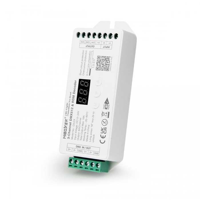 GloboStar® 71425 D3-CX Mi-BOXER DC DMX & RDM Dimmer High Speed Controller / Decoder 3 Καναλιών DC 12-24V 3 x 6A 144W - Max 18A 432W - IP20 Μ13 x Π5 x Υ2.5cm - 5 Years Warranty GloboStar® 71425 D3-CX Mi-BOXER DC DMX & RDM Dimmer High Speed Controller / Decoder 3 Καναλιών DC 12-24V 3 x 6A 144W - Max 18A 432W - IP20 Μ13 x Π5 x Υ2.5cm - 5 Years Warranty