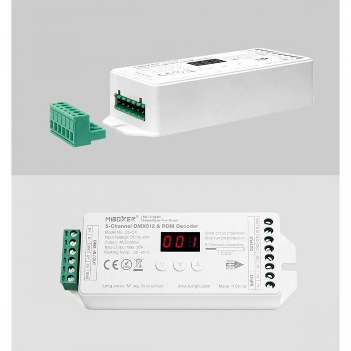 GloboStar® 71426 D5-CX Mi-BOXER DC DMX & RDM Dimmer High Speed Controller / Decoder 5 Καναλιών DC 12-24V 5 x 4A 96W - Max 20A 480W - IP20 Μ13 x Π5 x Υ2.5cm - 5 Years Warranty GloboStar® 71426 D5-CX Mi-BOXER DC DMX & RDM Dimmer High Speed Controller / Decoder 5 Καναλιών DC 12-24V 5 x 4A 96W - Max 20A 480W - IP20 Μ13 x Π5 x Υ2.5cm - 5 Years Warranty
