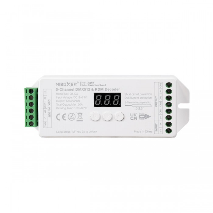 GloboStar® 71426 D5-CX Mi-BOXER DC DMX & RDM Dimmer High Speed Controller / Decoder 5 Καναλιών DC 12-24V 5 x 4A 96W - Max 20A 480W - IP20 Μ13 x Π5 x Υ2.5cm - 5 Years Warranty GloboStar® 71426 D5-CX Mi-BOXER DC DMX & RDM Dimmer High Speed Controller / Decoder 5 Καναλιών DC 12-24V 5 x 4A 96W - Max 20A 480W - IP20 Μ13 x Π5 x Υ2.5cm - 5 Years Warranty
