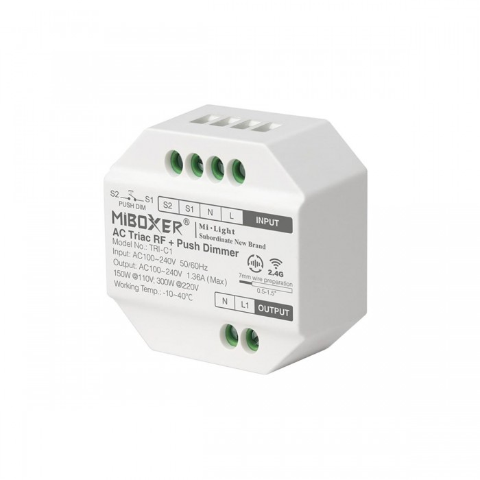 GloboStar® 71432 TRI-C1 Mi-BOXER AC Triac & RF 2.4Ghz & Push Dimmer 1 Καναλιού AC 100-240V 1 x 1.36A 300W - Max 1.36A 300W - IP20 Μ5 x Π5 x Υ2.3cm - 5 Years Warranty