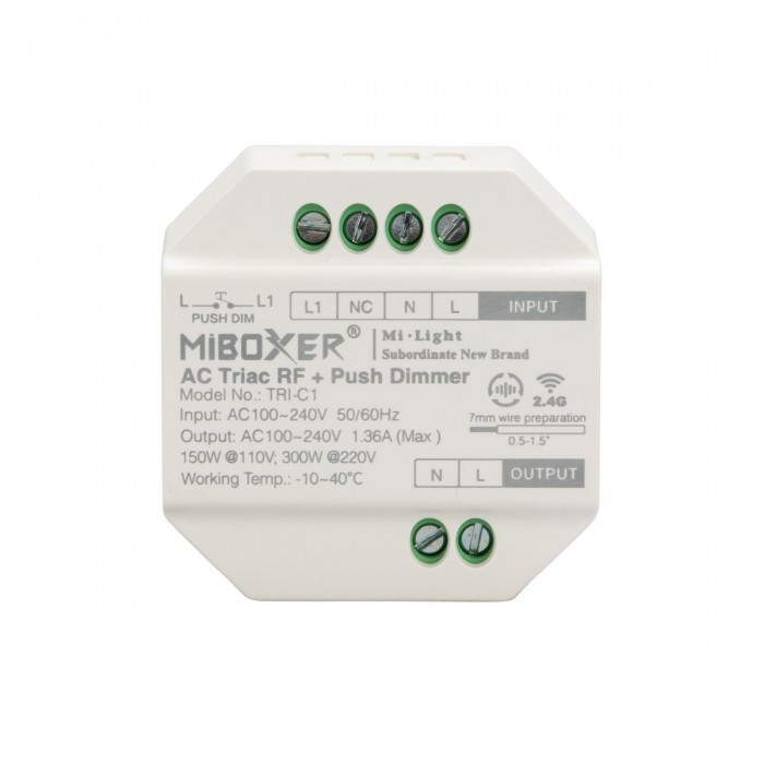 GloboStar® 71432 TRI-C1 Mi-BOXER AC Triac & RF 2.4Ghz & Push Dimmer 1 Καναλιού AC 100-240V 1 x 1.36A 300W - Max 1.36A 300W - IP20 Μ5 x Π5 x Υ2.3cm - 5 Years Warranty