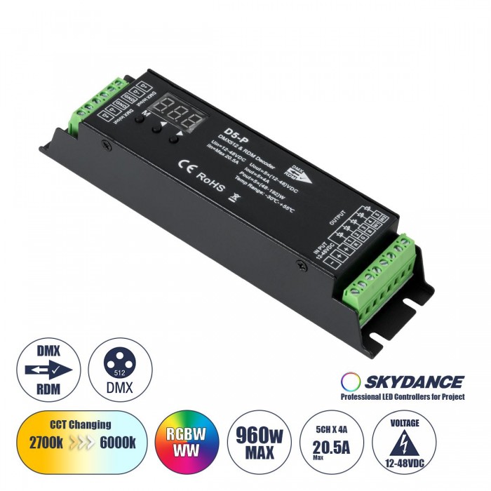 GloboStar® 71445 D5-P SKYDANCE DC DMX & RDM Dimmer High Speed Controller / Decoder 5 Καναλιών DC 12-48V 5 x 4A 192W - Max 20.5A 960W - IP20 Μ17.5 x Π4.5 x Υ3.5cm - 5 Years Warranty GloboStar® 71445 D5-P SKYDANCE DC DMX & RDM Dimmer High Speed Controller / Decoder 5 Καναλιών DC 12-48V 5 x 4A 192W - Max 20.5A 960W - IP20 Μ17.5 x Π4.5 x Υ3.5cm - 5 Years Warranty