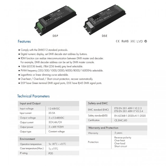 GloboStar® 71445 D5-P SKYDANCE DC DMX & RDM Dimmer High Speed Controller / Decoder 5 Καναλιών DC 12-48V 5 x 4A 192W - Max 20.5A 960W - IP20 Μ17.5 x Π4.5 x Υ3.5cm - 5 Years Warranty GloboStar® 71445 D5-P SKYDANCE DC DMX & RDM Dimmer High Speed Controller / Decoder 5 Καναλιών DC 12-48V 5 x 4A 192W - Max 20.5A 960W - IP20 Μ17.5 x Π4.5 x Υ3.5cm - 5 Years Warranty
