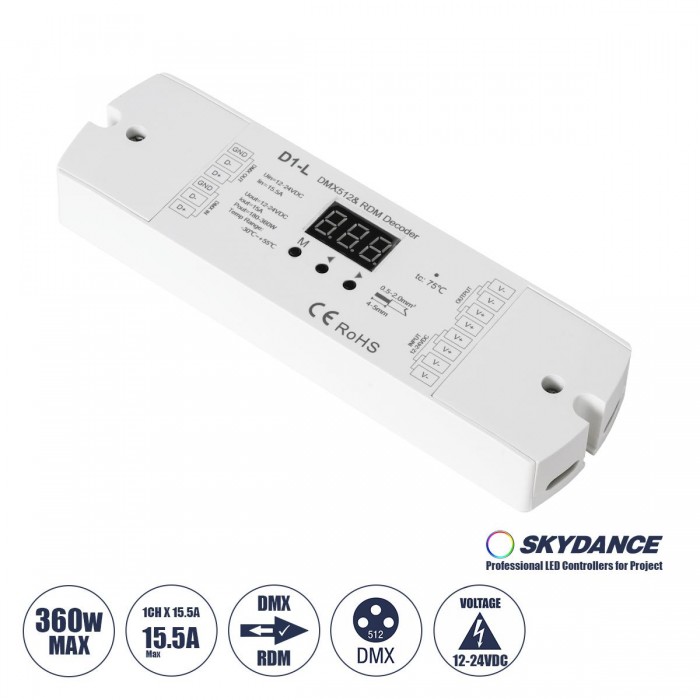 GloboStar® 71446 D1-L SKYDANCE DC DMX & RDM Dimmer High Speed Controller / Decoder 1 Καναλιού DC 12-24V 1 x 15.5A 360W - Max 15.5A 360W - IP20 Μ17 x Π5 x Υ2.5cm - 5 Years Warranty GloboStar® 71446 D1-L SKYDANCE DC DMX & RDM Dimmer High Speed Controller / Decoder 1 Καναλιού DC 12-24V 1 x 15.5A 360W - Max 15.5A 360W - IP20 Μ17 x Π5 x Υ2.5cm - 5 Years Warranty