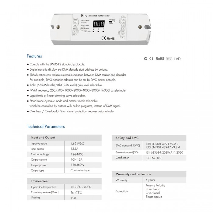 GloboStar® 71446 D1-L SKYDANCE DC DMX & RDM Dimmer High Speed Controller / Decoder 1 Καναλιού DC 12-24V 1 x 15.5A 360W - Max 15.5A 360W - IP20 Μ17 x Π5 x Υ2.5cm - 5 Years Warranty GloboStar® 71446 D1-L SKYDANCE DC DMX & RDM Dimmer High Speed Controller / Decoder 1 Καναλιού DC 12-24V 1 x 15.5A 360W - Max 15.5A 360W - IP20 Μ17 x Π5 x Υ2.5cm - 5 Years Warranty