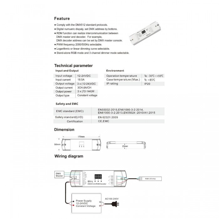 GloboStar® 71447 D3-L SKYDANCE DC DMX & RDM Dimmer High Speed Controller / Decoder 3 Καναλιών DC 12-24V 3 x 6A 144W - Max 18.5A 432W - IP20 Μ17 x Π5 x Υ2.5cm - 5 Years Warranty GloboStar® 71447 D3-L SKYDANCE DC DMX & RDM Dimmer High Speed Controller / Decoder 3 Καναλιών DC 12-24V 3 x 6A 144W - Max 18.5A 432W - IP20 Μ17 x Π5 x Υ2.5cm - 5 Years Warranty