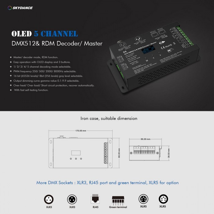 GloboStar® 71448 D5 SKYDANCE DC DMX & RDM Dimmer High Speed Controller / Decoder 5 Καναλιών DC 12-24V 5 x 6A 144W - Max 30A 864W - IP20 Μ17 x Π8 x Υ4cm - 5 Years Warranty GloboStar® 71448 D5 SKYDANCE DC DMX & RDM Dimmer High Speed Controller / Decoder 5 Καναλιών DC 12-24V 5 x 6A 144W - Max 30A 864W - IP20 Μ17 x Π8 x Υ4cm - 5 Years Warranty