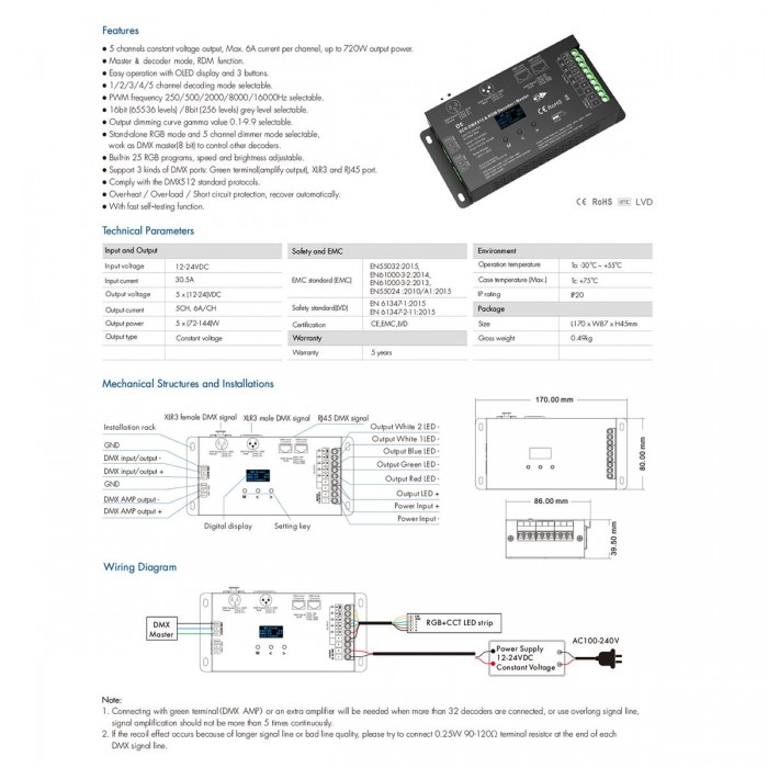 GloboStar® 71448 D5 SKYDANCE DC DMX & RDM Dimmer High Speed Controller / Decoder 5 Καναλιών DC 12-24V 5 x 6A 144W - Max 30A 864W - IP20 Μ17 x Π8 x Υ4cm - 5 Years Warranty GloboStar® 71448 D5 SKYDANCE DC DMX & RDM Dimmer High Speed Controller / Decoder 5 Καναλιών DC 12-24V 5 x 6A 144W - Max 30A 864W - IP20 Μ17 x Π8 x Υ4cm - 5 Years Warranty