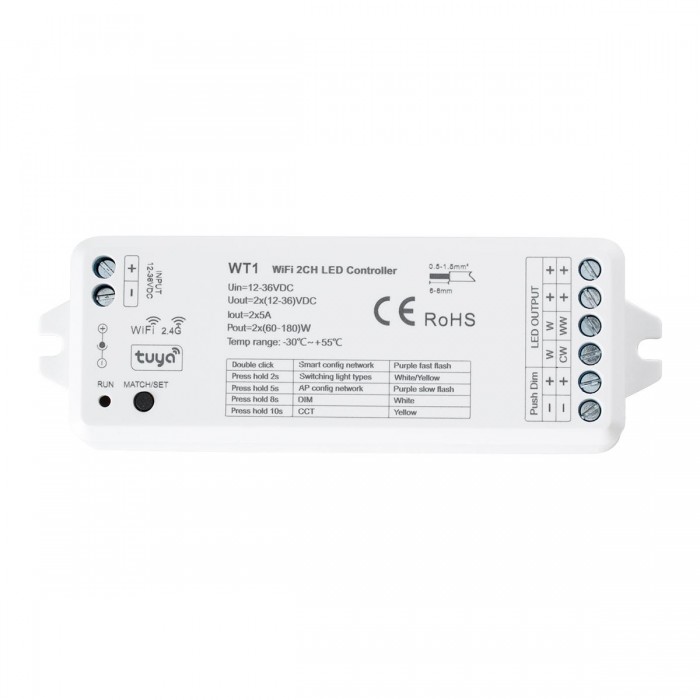 GloboStar® 71468 WT1 SKYDANCE DC WiFi & RF 2.4Ghz Dimmer High Speed Controller 2 Καναλιών DC 12-36V 2 x 5A 180W - Max 10A 180W - IP20 Μ11.5 x Π3.5 x Υ2cm - 5 Years Warranty