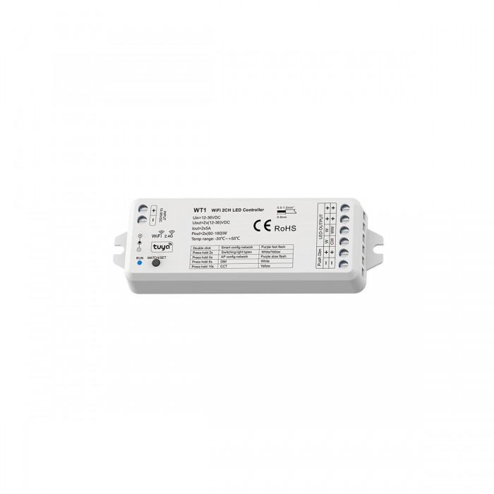 GloboStar® 71468 WT1 SKYDANCE DC WiFi & RF 2.4Ghz Dimmer High Speed Controller 2 Καναλιών DC 12-36V 2 x 5A 180W - Max 10A 180W - IP20 Μ11.5 x Π3.5 x Υ2cm - 5 Years Warranty
