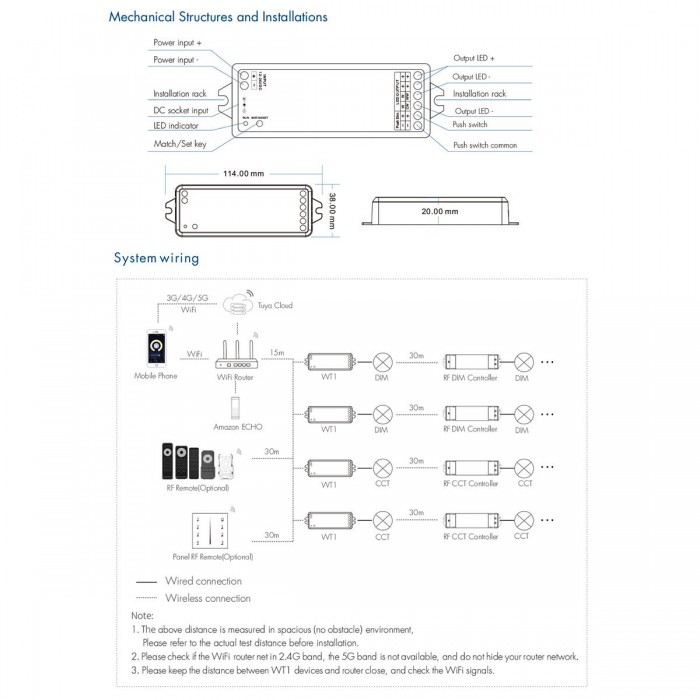 GloboStar® 71468 WT1 SKYDANCE DC WiFi & RF 2.4Ghz Dimmer High Speed Controller 2 Καναλιών DC 12-36V 2 x 5A 180W - Max 10A 180W - IP20 Μ11.5 x Π3.5 x Υ2cm - 5 Years Warranty