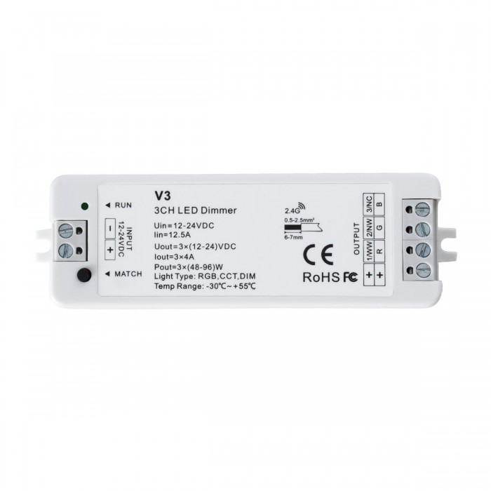 GloboStar® 71546 V3 SKYDANCE DC RF 2.4Ghz Dimmer High Speed Controller 3 Καναλιών DC 12-24V 3 x 5A 96W - Max 12A 288W - IP20 Μ10 x Π3.5 x Υ2cm - 5 Years Warranty