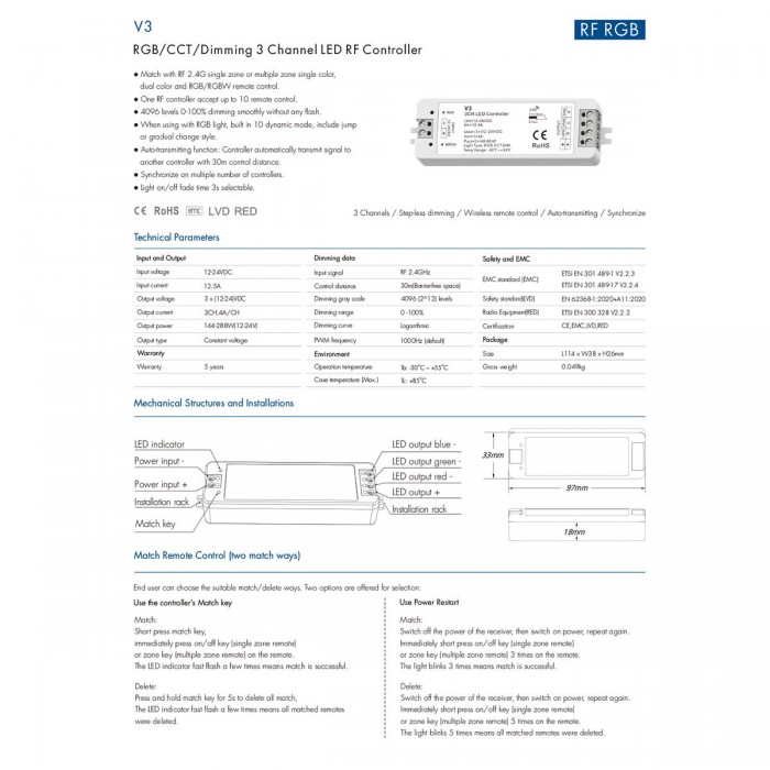 GloboStar® 71546 V3 SKYDANCE DC RF 2.4Ghz Dimmer High Speed Controller 3 Καναλιών DC 12-24V 3 x 5A 96W - Max 12A 288W - IP20 Μ10 x Π3.5 x Υ2cm - 5 Years Warranty