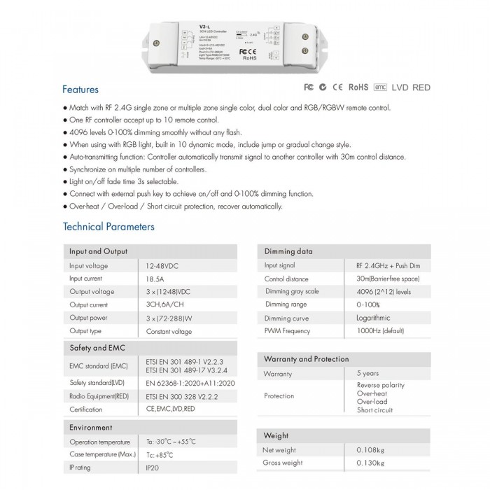 GloboStar® 71547 V3-L SKYDANCE DC RF 2.4Ghz Dimmer High Speed Controller & Push Dimming 3 Κανάλια DC 12-48V 3 x 6A 288W - Max 18.5A 288W - IP20 Μ17.5 x Π4.5 x Υ2.5cm - 5 Years Warranty