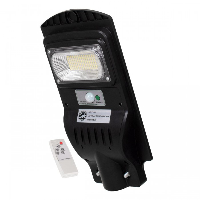 GloboStar® 71550 Αυτόνομο Ηλιακό Φωτιστικό Δρόμου Street Light LED SMD 50W 4000lm με Ενσωματωμένη Μπαταρία Li-ion 4500mAh - Φωτοβολταϊκό Πάνελ με Αισθητήρα Ημέρας-Νύχτας PIR Αισθητήρα Κίνησης και Ασύρματο Χειριστήριο Αδιάβροχο IP65 Ψυχρό Λευκό 6000K