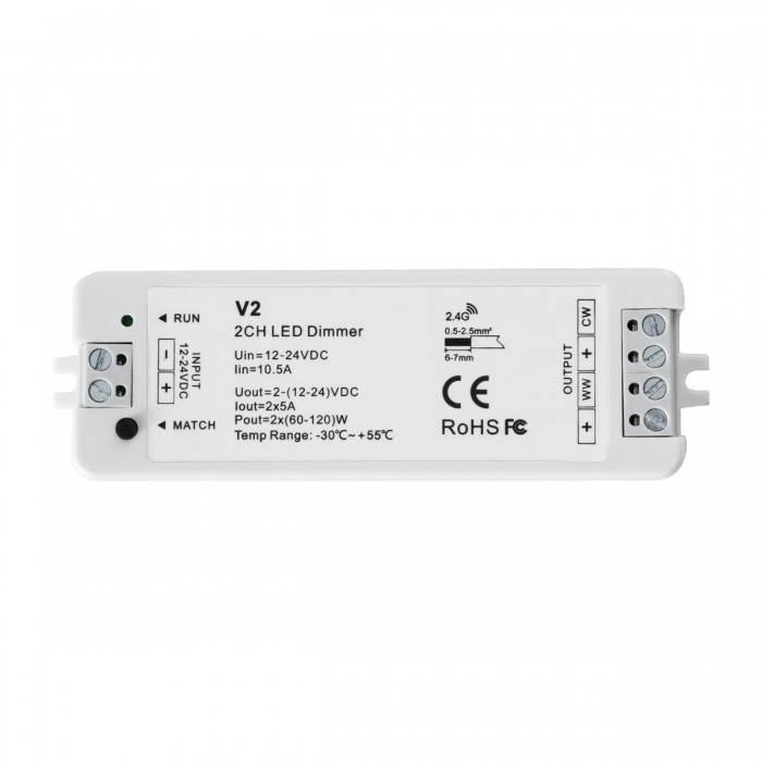 GloboStar® 71564 V2 SKYDANCE DC RF 2.4Ghz Dimmer High Speed Controller 2 Καναλιών DC 12-24V 2 x 5A 120W - Max 10.5A 252W - IP20 Μ10 x Π3.5 x Υ2cm - 5 Years Warranty
