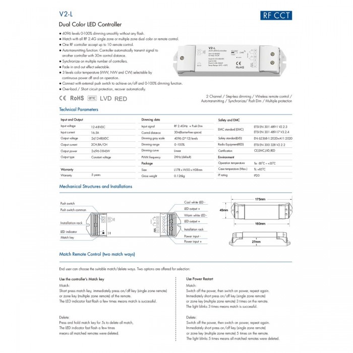 GloboStar® 71565 V2-L SKYDANCE DC RF 2.4Ghz Dimmer High Speed Controller & Push Dimming 2 Κανάλια DC 12-48V 2 x 8A 384W - Max 16.5A 384W - IP20 Μ17.5 x Π4.5 x Υ2.5cm - 5 Years Warranty