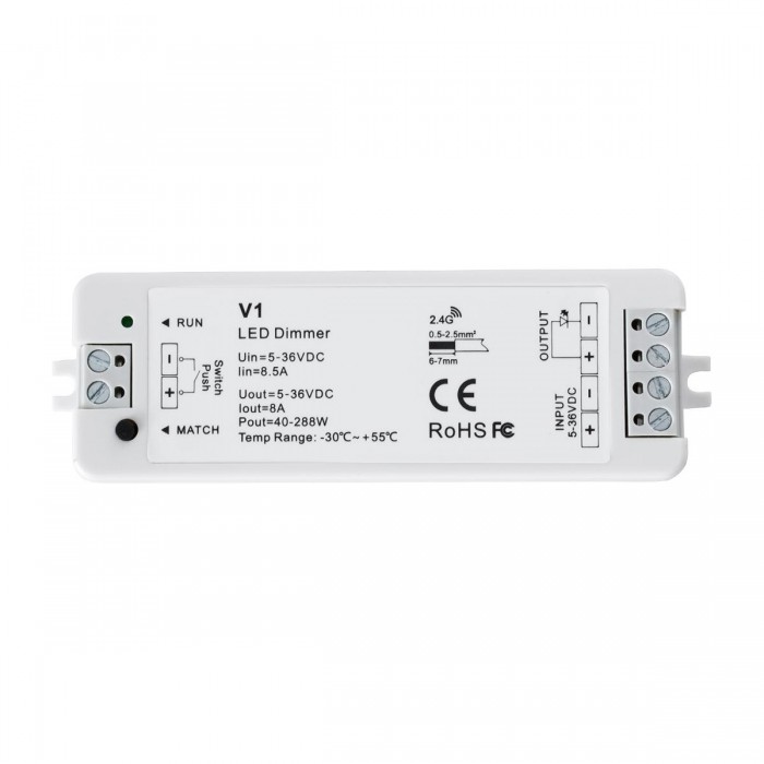 GloboStar® 71567 V1 SKYDANCE DC RF 2.4Ghz Dimmer High Speed Controller & Push Dimming 1 Κανάλι DC 5-36V 1 x 8A 288W - Max 8.5A 288W - IP20 Μ10 x Π3.5 x Υ2cm - 5 Years Warranty
