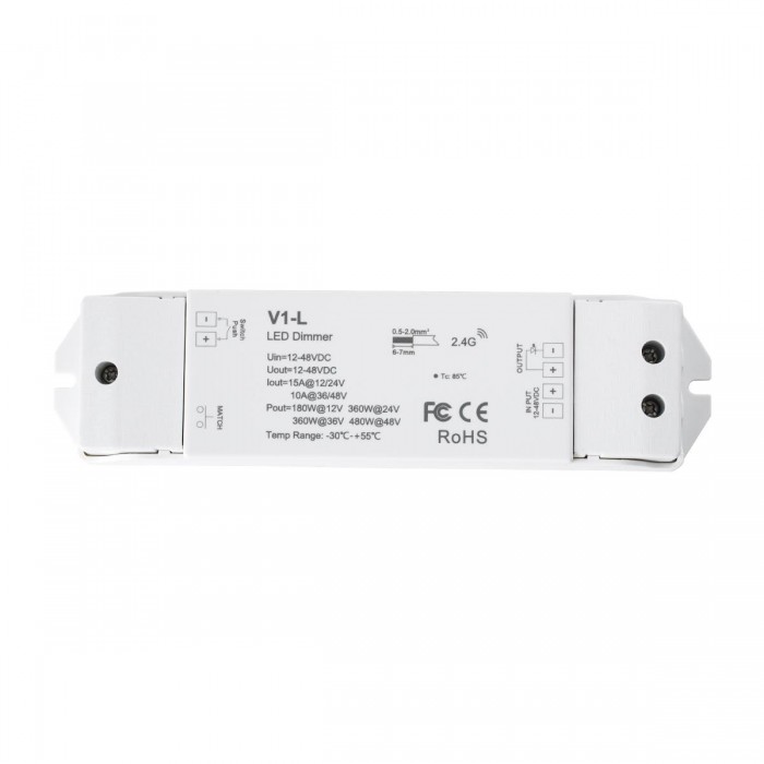 GloboStar® 71568 V1-L SKYDANCE DC RF 2.4Ghz Dimmer High Speed Controller & Push Dimming 1 Κανάλι DC 12-48V 1 x 15A 480W - Max 15A 480W - IP20 Μ17.5 x Π4.5 x Υ2.5cm - 5 Years Warranty
