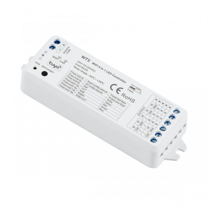 GloboStar® 73010 WT5 SKYDANCE DC WiFi & RF 2.4Ghz Dimmer High Speed Controller 5 Καναλιών DC 12-24V 5 x 3A 72W - Max 15A 360W - IP20 Μ10 x Π4 x Υ2cm - 5 Years Warranty