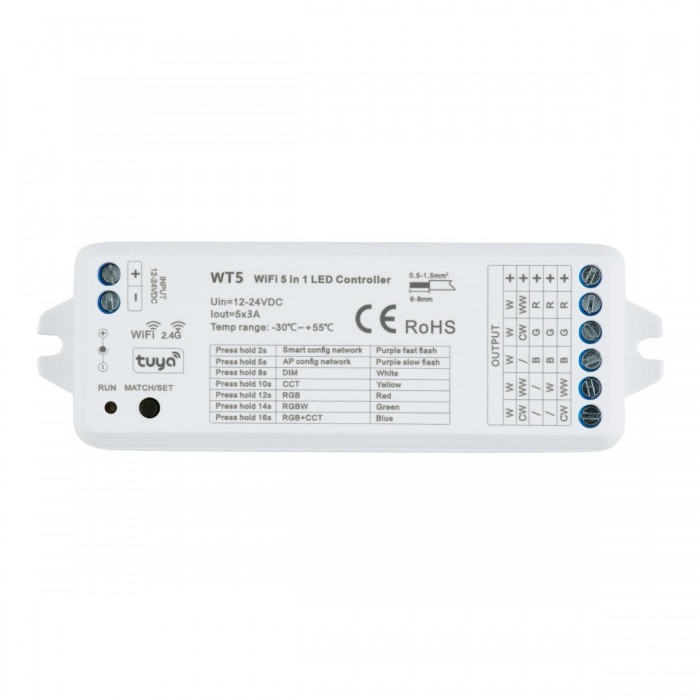 GloboStar® 73010 WT5 SKYDANCE DC WiFi & RF 2.4Ghz Dimmer High Speed Controller 5 Καναλιών DC 12-24V 5 x 3A 72W - Max 15A 360W - IP20 Μ10 x Π4 x Υ2cm - 5 Years Warranty