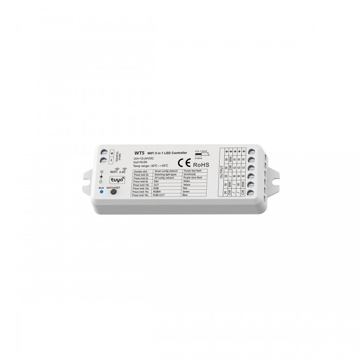 GloboStar® 73010 WT5 SKYDANCE DC WiFi & RF 2.4Ghz Dimmer High Speed Controller 5 Καναλιών DC 12-24V 5 x 3A 72W - Max 15A 360W - IP20 Μ10 x Π4 x Υ2cm - 5 Years Warranty