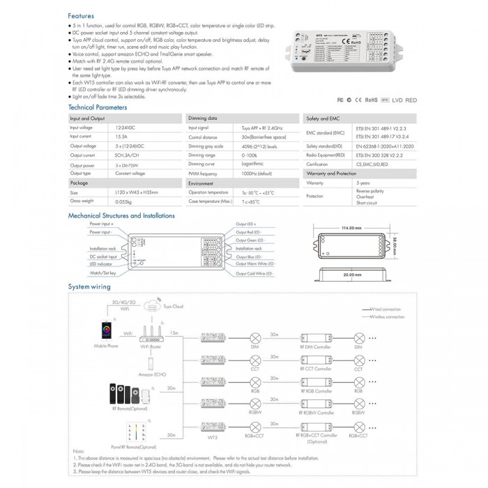 GloboStar® 73010 WT5 SKYDANCE DC WiFi & RF 2.4Ghz Dimmer High Speed Controller 5 Καναλιών DC 12-24V 5 x 3A 72W - Max 15A 360W - IP20 Μ10 x Π4 x Υ2cm - 5 Years Warranty