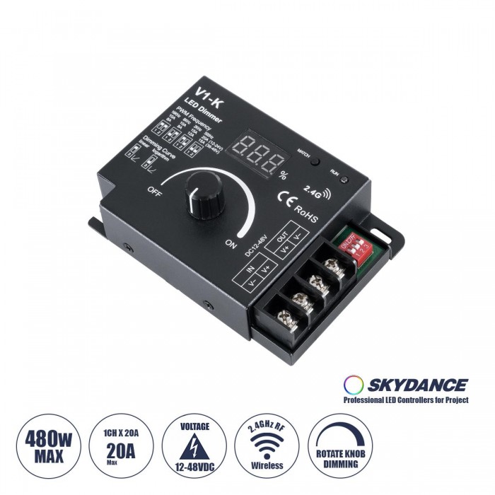 GloboStar® 73117 V1-K SKYDANCE DC RF 2.4Ghz Dimmer PWM Frequency Controller 1 Κανάλι DC 12-24V 1 x 20A 480W - Max 20A 480W - IP20 Μ10.7 x Π7.5 x Υ3.8cm - 5 Χρόνια Εγγύηση GloboStar® 73117 V1-K SKYDANCE DC RF 2.4Ghz Dimmer PWM Frequency Controller 1 Κανάλι DC 12-24V 1 x 20A 480W - Max 20A 480W - IP20 Μ10.7 x Π7.5 x Υ3.8cm - 5 Χρόνια Εγγύηση