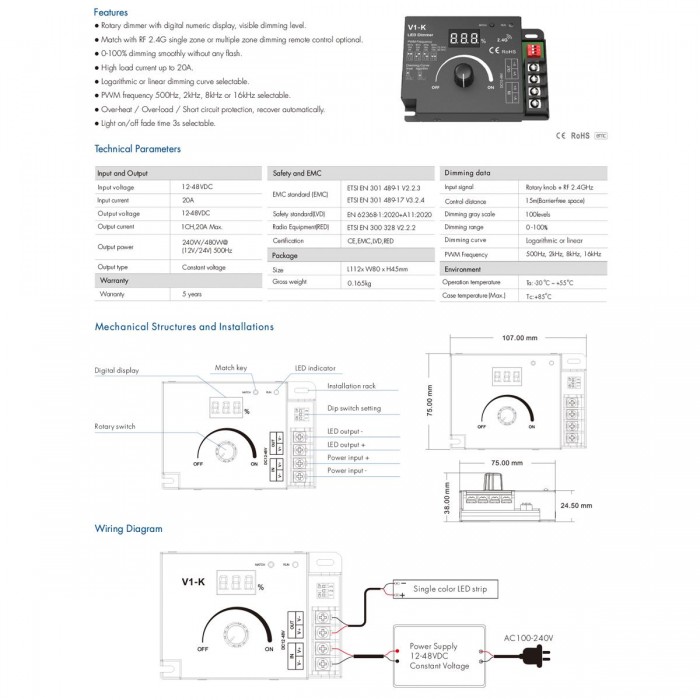 GloboStar® 73117 V1-K SKYDANCE DC RF 2.4Ghz Dimmer PWM Frequency Controller 1 Κανάλι DC 12-24V 1 x 20A 480W - Max 20A 480W - IP20 Μ10.7 x Π7.5 x Υ3.8cm - 5 Χρόνια Εγγύηση GloboStar® 73117 V1-K SKYDANCE DC RF 2.4Ghz Dimmer PWM Frequency Controller 1 Κανάλι DC 12-24V 1 x 20A 480W - Max 20A 480W - IP20 Μ10.7 x Π7.5 x Υ3.8cm - 5 Χρόνια Εγγύηση