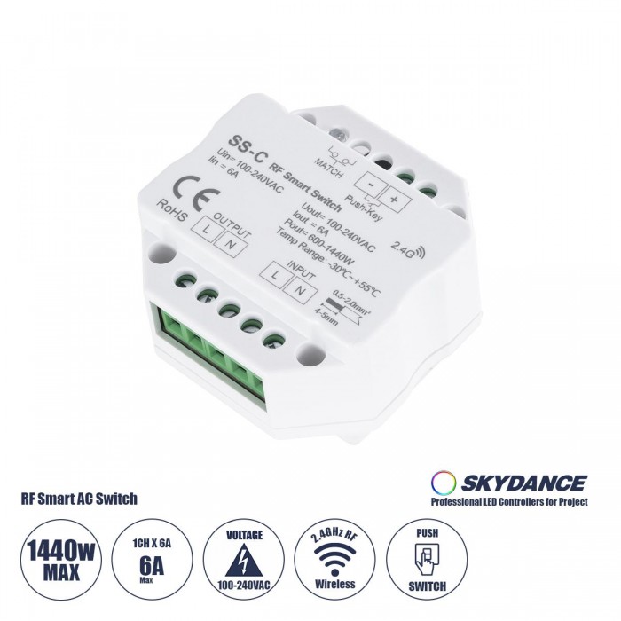 GloboStar® 73126 SS-C SKYDANCE AC RF 2.4Ghz & Push Switch 1 Κανάλι AC 100-240V 1 x 6A 1440W - Max 6A 1440W - IP20 Μ5.2 x Π5.2 x Υ2.6cm - 5 Χρόνια Εγγύηση GloboStar® 73126 SS-C SKYDANCE AC RF 2.4Ghz & Push Switch 1 Κανάλι AC 100-240V 1 x 6A 1440W - Max 6A 1440W - IP20 Μ5.2 x Π5.2 x Υ2.6cm - 5 Χρόνια Εγγύηση