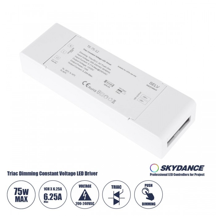 GloboStar® 73129 TE-75-12 SKYDANCE AC Triac Dimmer Push Dimming 1 Κανάλι AC 200-240V 1 x 6.25A 75W - Max 6.25A 75W - IP20 Μ18 x Π5.7 x Υ3cm - 5 Χρόνια Εγγύηση GloboStar® 73129 TE-75-12 SKYDANCE AC Triac Dimmer Push Dimming 1 Κανάλι AC 200-240V 1 x 6.25A 75W - Max 6.25A 75W - IP20 Μ18 x Π5.7 x Υ3cm - 5 Χρόνια Εγγύηση